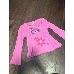 Vintage Pink Floral Embroidered Long Sleeve Top Kids Y2K Lettuce Edge Hem 10y
